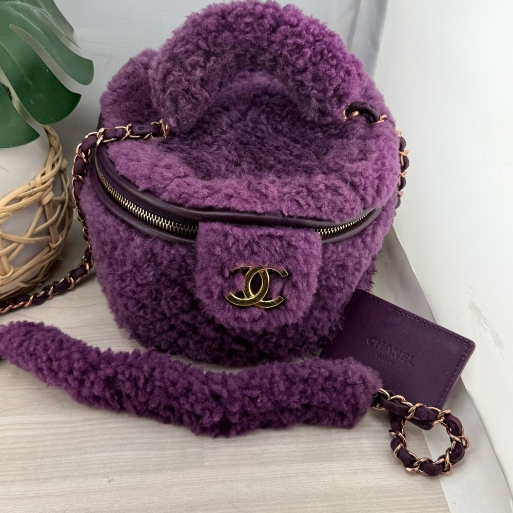 Chanel Plush Purple Shearling Shoulder Bag with miror authenticity certificate.